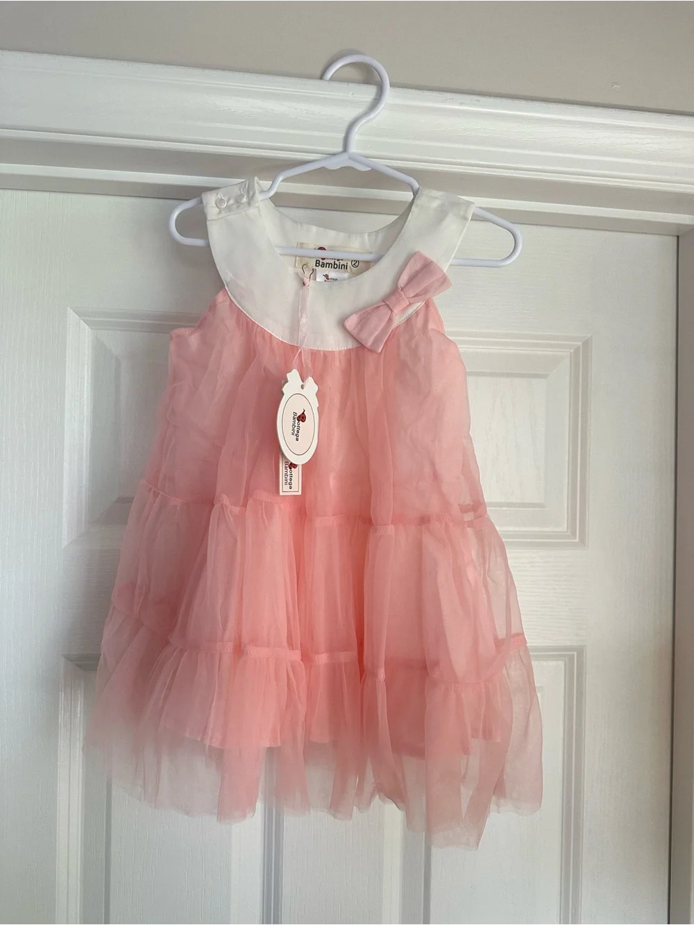 Bambini Pink Tulle Party Dress with White Collar